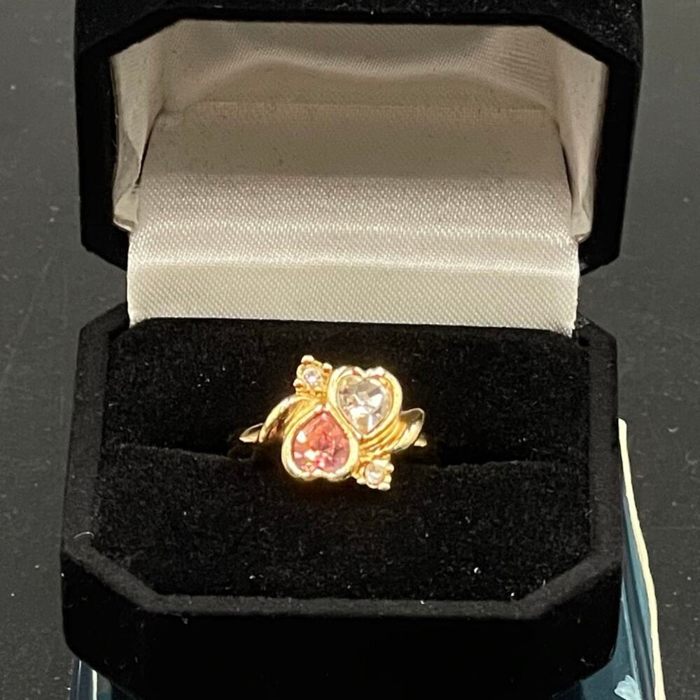 Double Hearts CZ Pink and Clear Rhinestone Ring in Gift Box Size 8 Vtg Avon